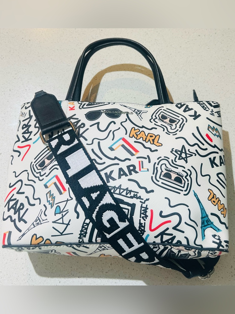Karl Lagerfeld Paris White Graffiti Crossbody Shoulder Bag - Picture 14 of 15
